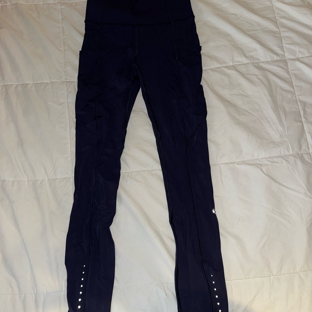 Navy Blue High-Waisted Leggings with Reflective Dots